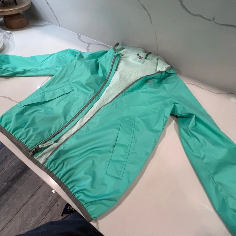 REI CO-OP Kids Medium 10-12 Groundbreaker Rain Wind Jacket hood green/grey light
